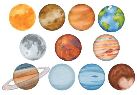 Téléchargez les photos : Prêt. Le système solaire : Mercure, Vénus, la Terre avec son satellite, la Lune, Mars, Jupiter, Saturne, Uranus, Neptune, et la planète naine Pluton. Pour des cours d'astronomie. Illustration isolée aquarelle - en image libre de droit