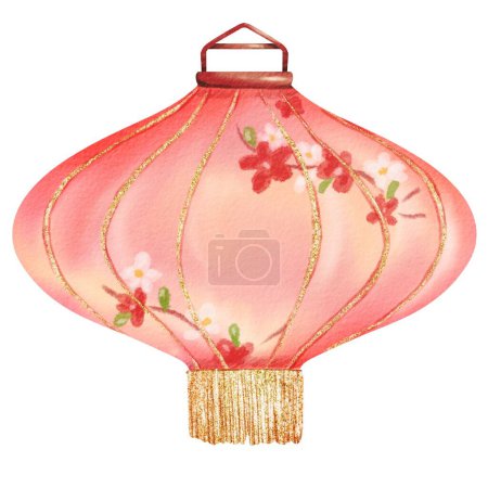 Téléchargez les photos : Une élégante lanterne chinoise en papier rose, ornée de fleurs complexes peintes à la main en rouge et blanc et d'une frange dorée. Cette illustration isolée aquarelle capture l'essence de la tradition orientale - en image libre de droit