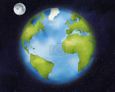 Foto de Planeta Tierra con Luna en el cielo estrellado nocturno. Esta representación es ideal para fines educativos, específicamente para el currículo escolar, lecciones de astronomía y el ámbito de los estudios de astrología. - Imagen libre de derechos