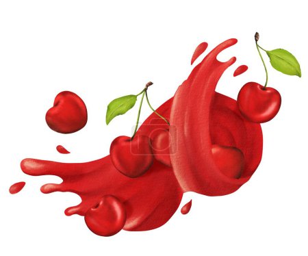 Photo for Bright composition of summer ripe delicious cherries and wave, splashes of sweet juice. berry with leaves. For jam, pie, lemonade, chewing gum, juice prints. Watercolor isolated illustration. - Royalty Free Image