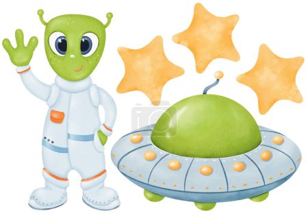 Photo for Space set. green cute alien waves its hand. Alien spacecraft. Cartoon UFOs. Three yellow stars. Watercolor isolated objects. Cartoon style. For prints, children, presentations, invitations, and cards. - Royalty Free Image