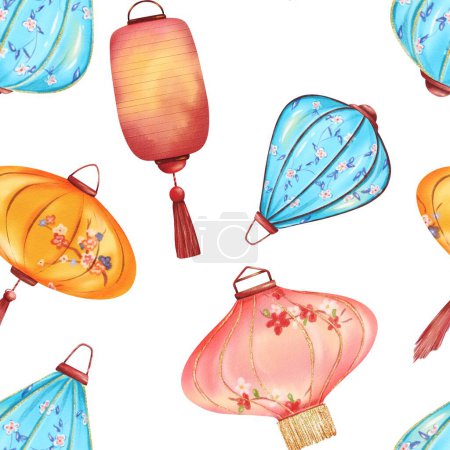 Téléchargez les photos : Modèle sans couture de lanternes en papier chinois en orange, rouge et bleu serein. Orné de motifs floraux complexes et de franges dorées, idéal pour le Nouvel An chinois ou le festival des lanternes. Aquarelle. - en image libre de droit