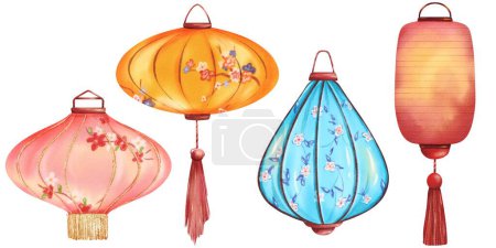 Photo for Set of Chinese paper lanterns in orange, red, and blue. Floral patterns adorn the lanterns with golden fringes. Perfect for Chinese New Year or Lantern Festival. Watercolor isolated elements. - Royalty Free Image