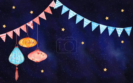 Photo for Starry night backdrop for celebrating Chinese New Year or Lantern Festival. Garlanded lanterns in shades of blue and pink adorn the scene, casting a celestial glow. Watercolor illustration. - Royalty Free Image