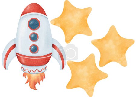 Photo for Space set. Rocket with flame from the nozzle in red and white. Three yellow stars. Watercolor isolated objects. Cartoon style. For prints, childrens materials, presentations, invitations, and cards. - Royalty Free Image