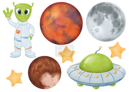 Photo for Space set. green cute alien waves its hand. Alien spacecraft. Cartoon UFOs. Three yellow stars. Moon, Mars, Pluto. Watercolor isolated objects. Cartoon style. For prints, children, presentations - Royalty Free Image