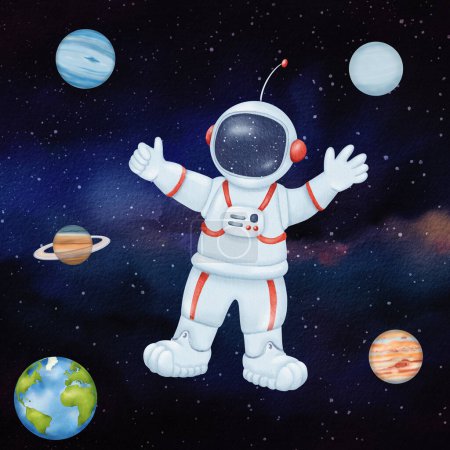 Foto de Astronauta en el espacio abierto. Personaje infantil volando más allá de los planetas en el cielo estrellado de la noche. En la extensión ilimitada, planetas: Tierra, Júpiter, Saturno, Neptuno, Urano. Ilustración en acuarela. - Imagen libre de derechos