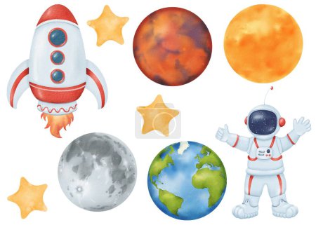 Photo for Cosmos set. Rocket with flame. Cheerful astronaut. Person in a spacesuit. Stars. Earth, Moon, Mars, Sun. Watercolor isolated objects. Cartoon style, For prints children presentations invitations and - Royalty Free Image