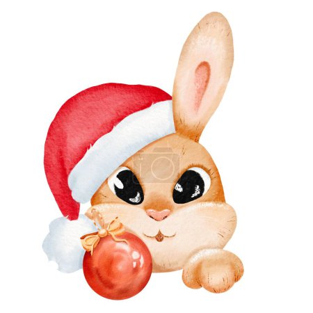 Téléchargez les photos : Composition de Noël. Un lapin drôle dans un chapeau du Père Noël. mignon lapin tient une boule de Noël. Dessin animé d'un animal de compagnie. Nouvel An cartes, invitations, autocollants, design. Illustration aquarelle isolée. - en image libre de droit
