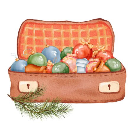 Photo for Christmas scene. cozy suitcase filled with holiday ornaments. Colorful baubles, delicate bells. A new year tree branch. For cards, invites, posters, stickers. Watercolor illustration. - Royalty Free Image
