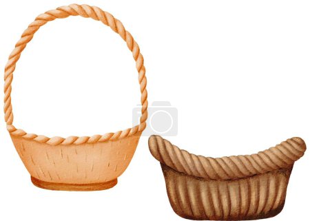 Photo for Set of empty wicker basket for picking mushrooms, berries, fruits or vegetables. Isolated watercolor illustration is useful for Child illustration, textbook, guide, school book, workbook, notebook,. - Royalty Free Image