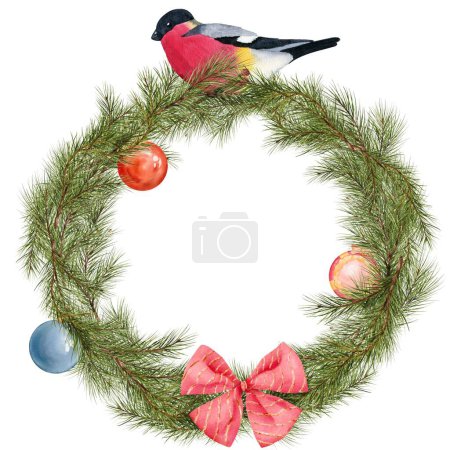 Photo for Evergreen wreath with snowberries baubles and a bow. Festive circular frame. space for text. for cards, invitations for Christmas, New Year, birthdays, or weddings. Watercolor digital illustration. - Royalty Free Image