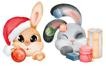 Photo for Collection of adorable rabbits with a festive flair. Santa Claus hat Christmas ornament and gift. Rabbit portraits for stickers, cards, sets, design elements. Isolated watercolor digital illustration. - Royalty Free Image