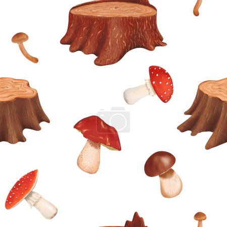 Photo for Woodland seamless pattern featuring aged textured tree stumps and various mushrooms. Edible penny bun and delicious porcini mushrooms. Dangerous poisonous fly agaric. Autumnal watercolor illustration. - Royalty Free Image