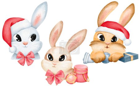Téléchargez les photos : Charmants lapins dégagent joie de vacances avec chapeaux de Noël ornements de Noël et cadeaux. les portraits de lapin sont pour autocollants, cartes, décors et éléments de design. aquarelle isolée illustration numérique. - en image libre de droit