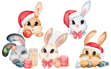 Téléchargez les photos : Ensemble de lapins charmants. Père Noël chapeaux boules de Noël et cadeaux. les portraits de lapin sont parfaits pour les autocollants, les cartes, les décors et les éléments de design. Ils sont isolés aquarelle illustration numérique. - en image libre de droit