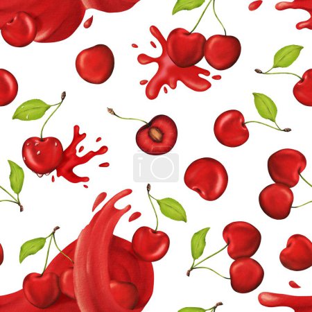 Photo for Vibrant, juicy cherries in a seamless watercolor pattern. Ideal for kitchen decor, recipes, textiles, jam labels, aprons, packaging, juices, cherry sweets, and gum. - Royalty Free Image