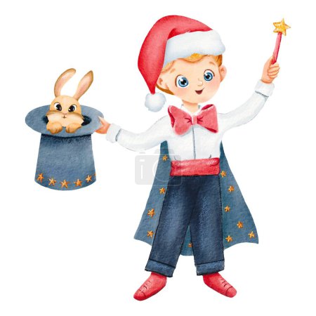 Photo for Naughty little magician. Young wizard in New Year hat tailcoat, with rabbit top hat and a magic wand. Performance begins. Watercolor isolated illustration. Character for postcards party invitations, - Royalty Free Image