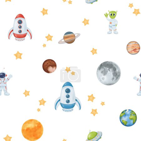 Photo for Seamless watercolor pattern. starry sky. yellow stars, Earth a whimsical astronaut, an alien UFO, rocket, moon, and sun. for wallpapers, childrens rooms textiles baby clothes, and textbooks. - Royalty Free Image