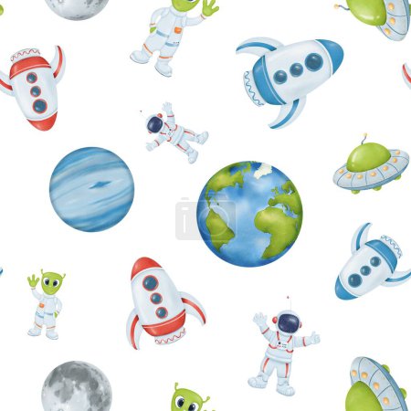 Photo for Seamless watercolor pattern. starry sky. yellow stars, Earth, a whimsical astronaut an alien UFO rocket moon and sun. for wallpapers, childrens rooms, textiles, baby clothes, and textbooks. - Royalty Free Image