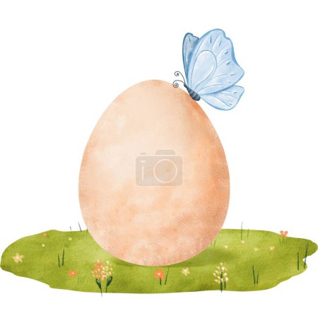 Photo for Vibrant watercolor composition featuring a bright blue butterfly perched on a fresh chicken egg in a lush green meadow. for illustrating farm produce and Easter concepts. - Royalty Free Image
