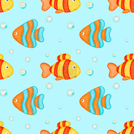 Photo for Watercolor seamless pattern. colorful fish and colorful soap bubbles pattern. Toys. Bath toys background. Design for kids, children, textile, fabric, home decor. Painted ornament. - Royalty Free Image