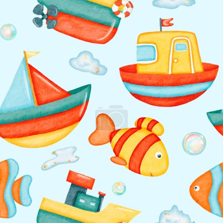 Photo for Watercolor seamless pattern. colorful fish, toy boats and colorful soap bubbles pattern. Bathroom background. Design for kids, children, textile, fabric, home decor. Painted ornament. - Royalty Free Image