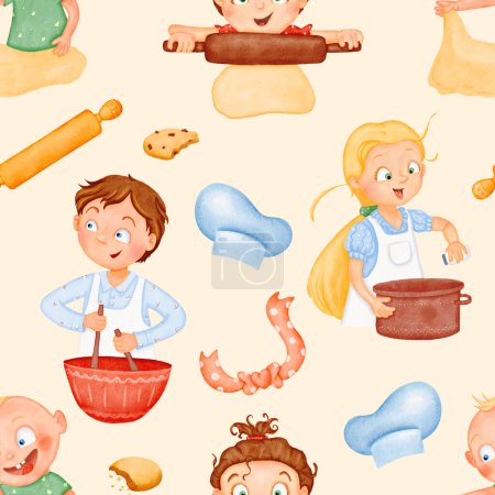 Photo for Seamless pattern. Happy funny cute kids are cooking lunch. The little helpers are making dinner. A friendly cozy family. children in the kitchen. Watercolor beige background Joyful characters. - Royalty Free Image