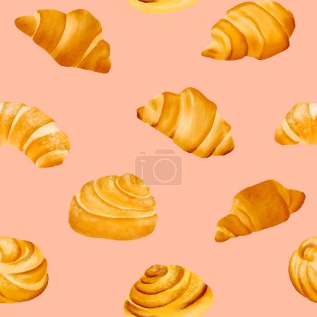 Photo for Seamless pattern tender, crispy, fragrant croissants with a tanned crust. The perfect French breakfast and snack at work. Good for a tea party. Isolated hand drawn digital watercolor pink background - Royalty Free Image
