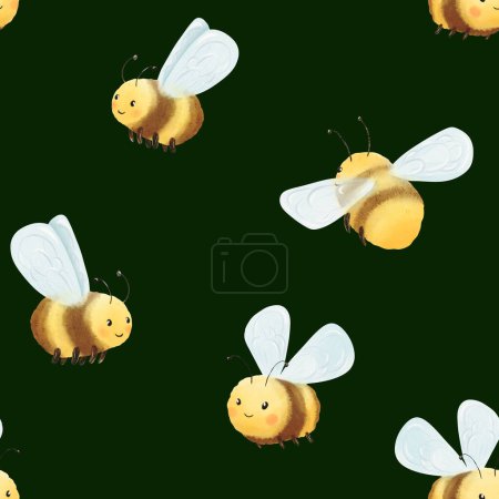 Photo for Seamless pattern of Child Funny cute black and yellow bee with their wings. Bumblebee, honeybee hand painted isolated Illustration. Digital watercolor hand-drawn style. element of spring, summer. - Royalty Free Image