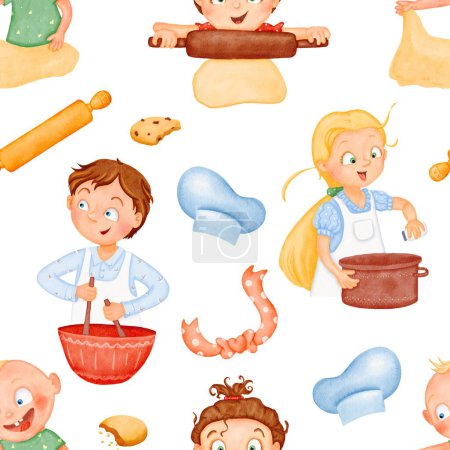 Photo for Seamless pattern. Happy funny cute kids are cooking lunch. The little helpers are making dinner. A friendly cozy family. children in the kitchen. Watercolor background Joyful characters. - Royalty Free Image