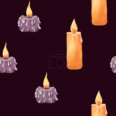 Téléchargez les photos : Aquarelle motif sans couture. bougies, invoquant un thème religieux avec des notes de Noël. Couleurs d'Halloween - orange et violet. Flammes chaudes avec gouttelettes de cire. pour l'emballage de textiles et de livres. - en image libre de droit
