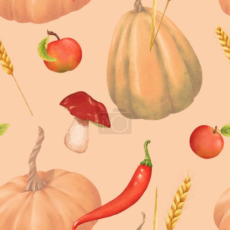 Photo for Seamless pattern of Pumpkins, apples, mushroom, chili and spikelets. Watercolor illustration. Autumn harvest. Delicious ripe vegetable. Vegetarian raw food. For posters, websites, notebooks, textbooks - Royalty Free Image