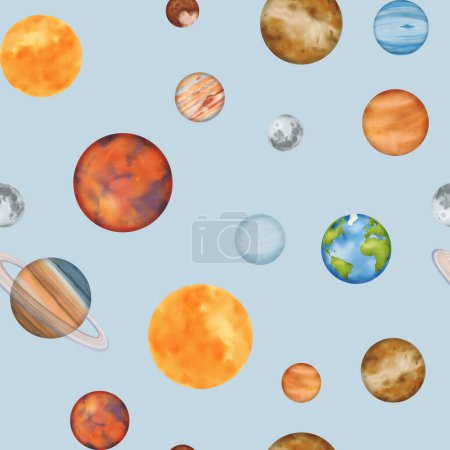 Foto de Patrón inconsútil El sistema solar. Mercurio, Venus, la Tierra con su satélite, la Luna, Marte, Júpiter, Saturno, Urano, Neptuno y el planeta enano Plutón. Para lecciones de astronomía. Acuarela - Imagen libre de derechos
