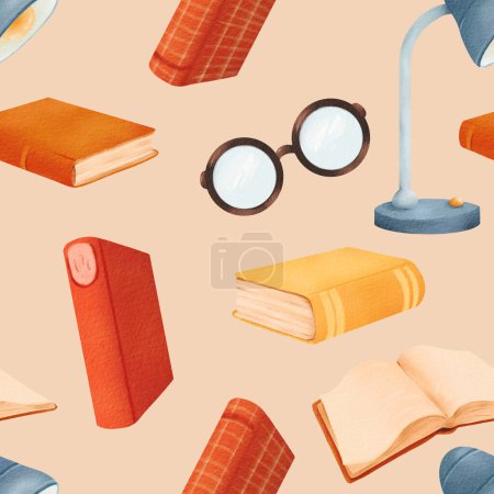 Photo for Watercolor seamless pattern of different books, blue desktop lamp, open retro book and round glasses. Back to school illustration. Bright illustration for design of bookshop, library, cover, card. - Royalty Free Image