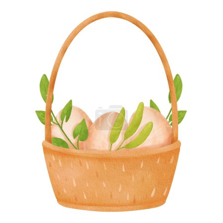 Photo for Wooden basket with a tall handle. Woven container filled with wholesome eggs and adorned with green sprigs. spring composition with a sense of freshness. Eco-friendly product. Watercolor illustration. - Royalty Free Image