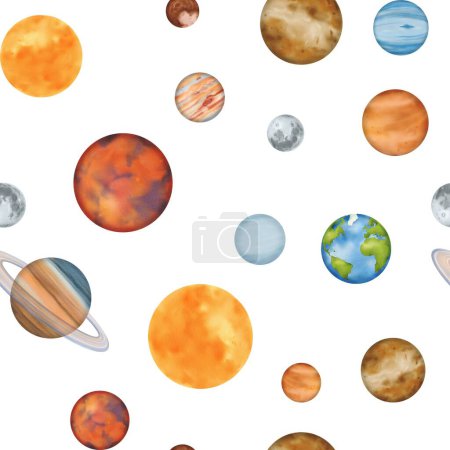 Photo for Seamless pattern The solar system. Mercury Venus, Earth with its satellite, the Moon Mars, Jupiter, Saturn, Uranus, Neptune, and the dwarf planet Pluto. For astronomy lessons. Watercolor illustration. - Royalty Free Image