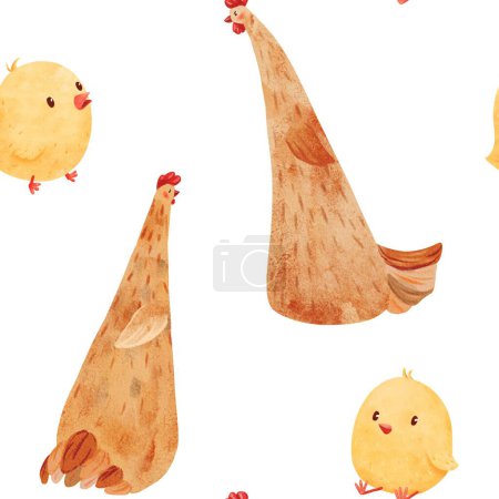 Photo for Seamless pattern showcasing adorable chicks and a friendly hen, watercolor. spring and farm life, for childrens illustrations, for applications like textiles, childrens stationery, and more. - Royalty Free Image
