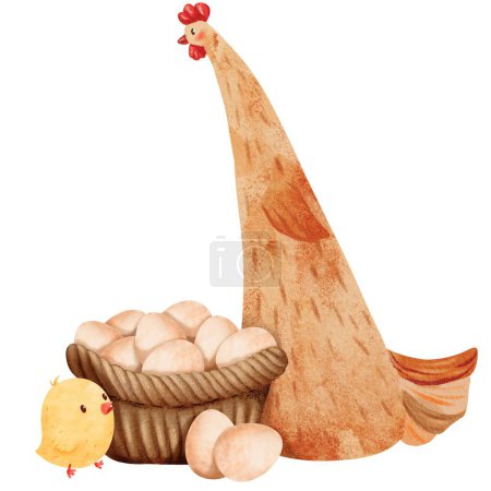 Téléchargez les photos : Illustration aquarelle représentant une poule mère à côté d'un panier rempli d'œufs de poulet, accompagnée de son petit gai. une nana jaune vibrante. Saisit le moment attachant des soins maternels - en image libre de droit
