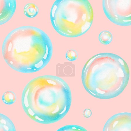 Photo for Watercolor circles seamless pattern tiled. Round shapes elements. Painted ornament. colorful soap bubbles. pink background - Royalty Free Image