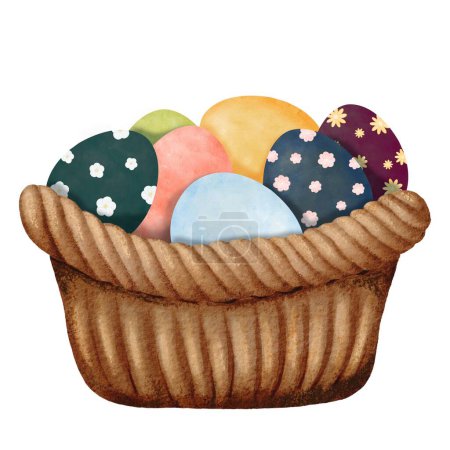 Photo for Woven basket filled with colorful Easter eggs. Eggs of various hues adorned with floral decorations. Watercolor illustration capturing the festive spirit, ideal for conveying the joy of Easter. - Royalty Free Image