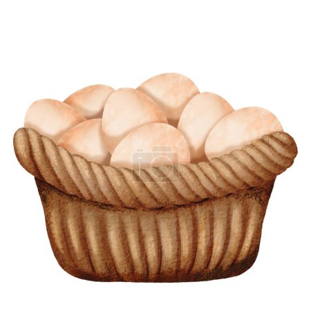 Photo for Watercolor illustration of a brown woven basket filled with fresh eggs. Captures the rustic charm of a simple, country-inspired scene. Perfect for conveying a wholesome, farm-fresh atmosphere. - Royalty Free Image