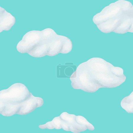 Téléchargez les photos : Modèle sans couture de dessin animé illustration mignonne. Doux bleu doux nuages pelucheux flottent à travers le ciel. Beau temps. Sensibilité aquarelle. printemps, été, automne, Enfants textile, tissu, emballage - en image libre de droit