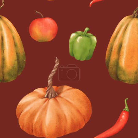 Photo for Seamless pattern of Pumpkins apples pepper paprika, chili. Watercolor illustration. Autumn harvest. Delicious ripe vegetable. Vegetarian raw food. For posters, websites, notebooks, textbooks. - Royalty Free Image