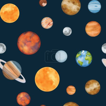 Foto de Patrón inconsútil El sistema solar. Mercurio, Venus, la Tierra con su satélite, la Luna, Marte, Júpiter, Saturno, Urano, Neptuno y el planeta enano Plutón. Para lecciones de astronomía. Acuarela - Imagen libre de derechos