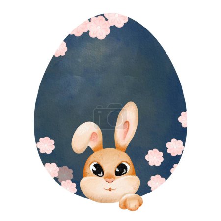 Photo for Watercolor composition features an adorable bunny, an Easter egg, and pink spring flowers. Perfect for childrens illustrations, festive stationery, and various creative projects. - Royalty Free Image