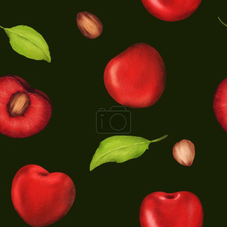 Photo for Seamless watercolor pattern with luscious, vibrant cherries. Ideal for kitchen decor, recipes, textiles, jam labels, aprons, packaging, juices, cherry sweets, and gum wrappers. - Royalty Free Image