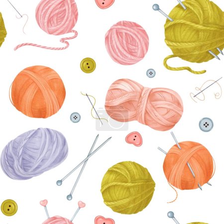 Photo for A seamless crafting-themed pattern featuring yarn skeins, colorful buttons, sewing needles with threads, and knitting needles. watercolor for textile design crafting projects. - Royalty Free Image