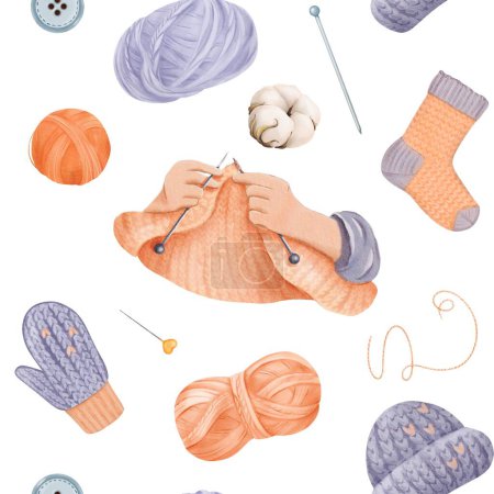 A seamless pattern celebrating knitting, hands crafting fabric and various knitted garments like hats socks and mittens. yarn skeins, buttons and pins with cotton flowers. watercolor.