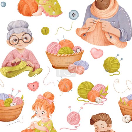 Photo for A seamless knitting-themed pattern featuring characters engaged in needlework. A grandmother in glasses a hipster man girl. a basket filled with needles, buttons threads and cotton flowers, watercolor - Royalty Free Image